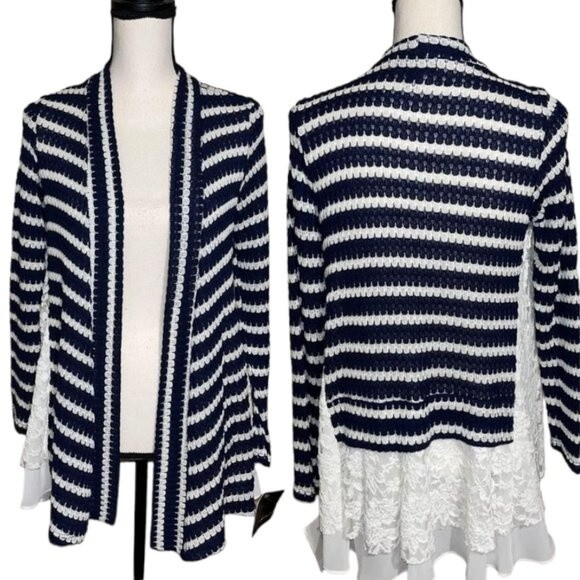 Signature Studio Open Front Striped Cardigan Contrasting White Floral Lace  S - Picture 1 of 7